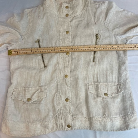Chico's 100% Linen Size 2 3/4 Sleeve Jacket Beige W/Gold Accents - Picture 6 of 12